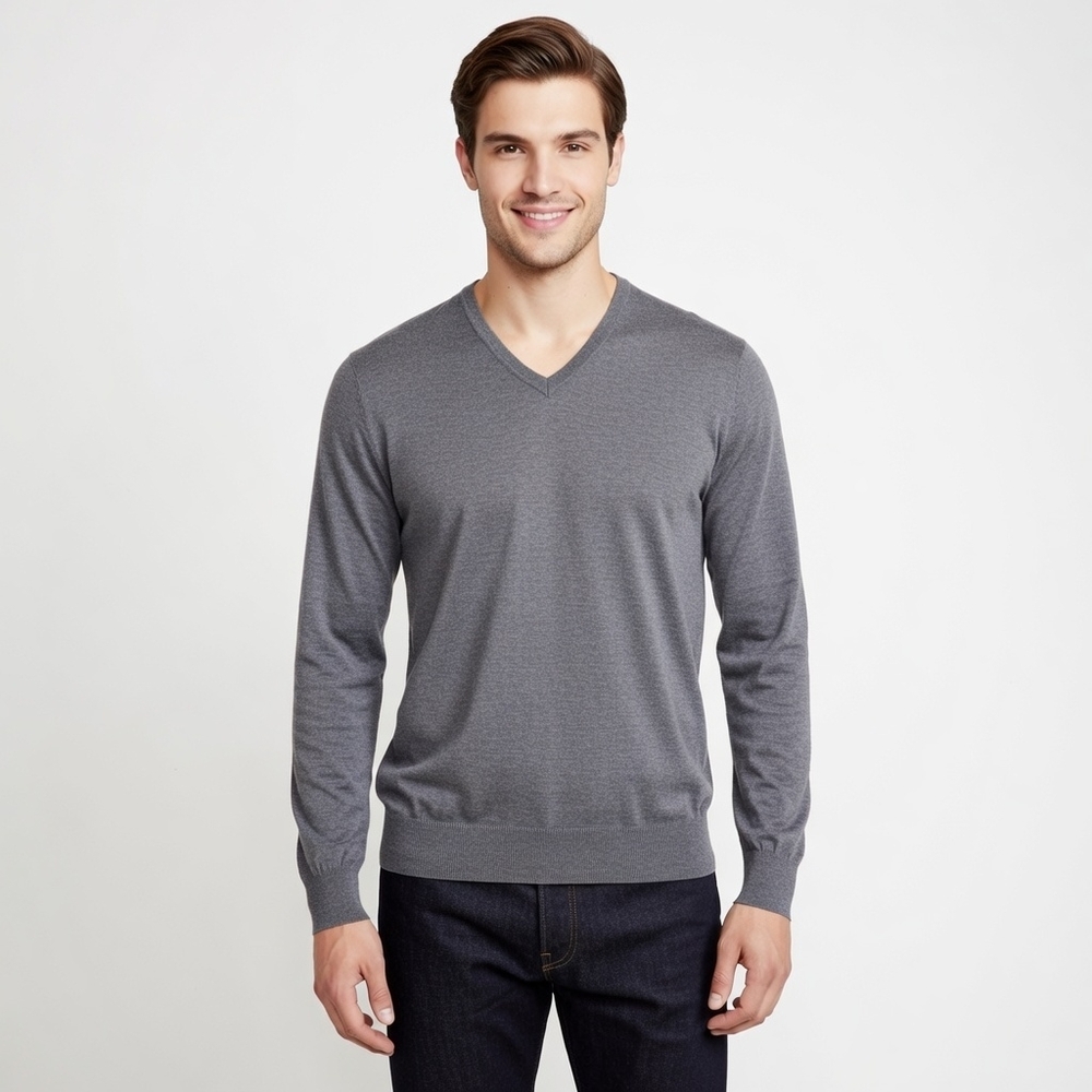 Banana Republic Sweater Men's L DeVee Grey V-neck Fine-knit Pullover Layering